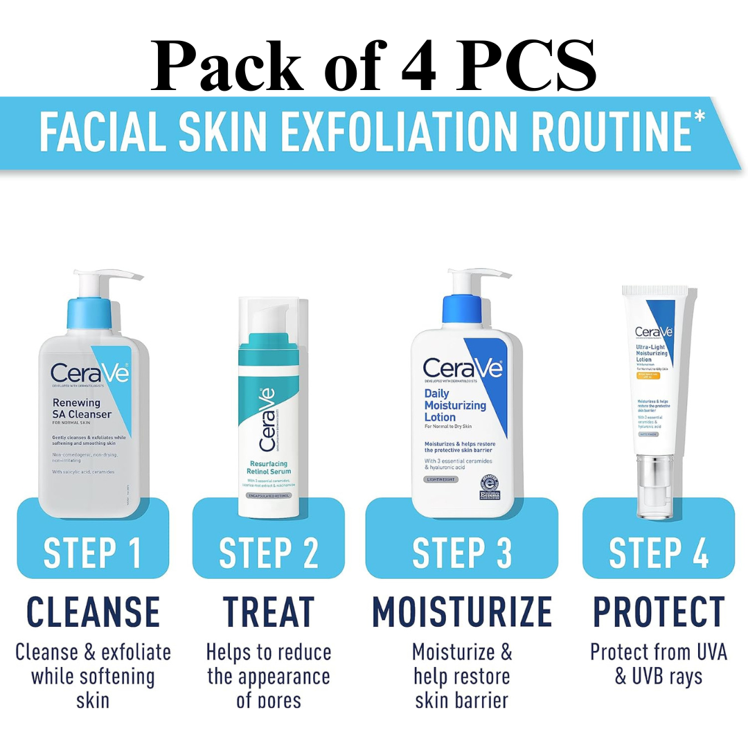 CeraVe Facial Skin Exfoliation Routine Pack (4 PCS) – Cleanse, Treat, Moisturize, Protect