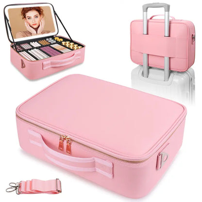 LED Mirror Makeup Travel Case – PU Leather Cosmetic Organizer