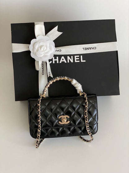 Chanel Black Quilted Leather Mini Metal Top Handle Bag