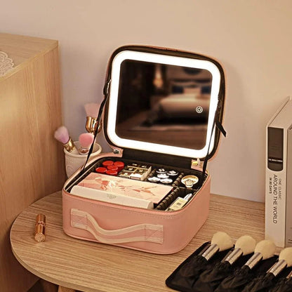 LED Mirror Makeup Travel Case – PU Leather Cosmetic Organizer