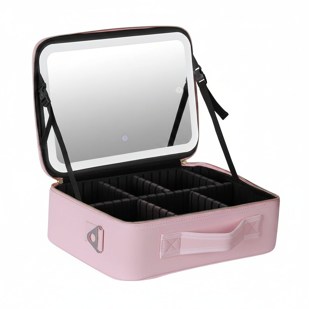 LED Mirror Makeup Travel Case – PU Leather Cosmetic Organizer