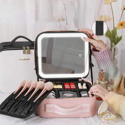 LED Mirror Makeup Travel Case – PU Leather Cosmetic Organizer
