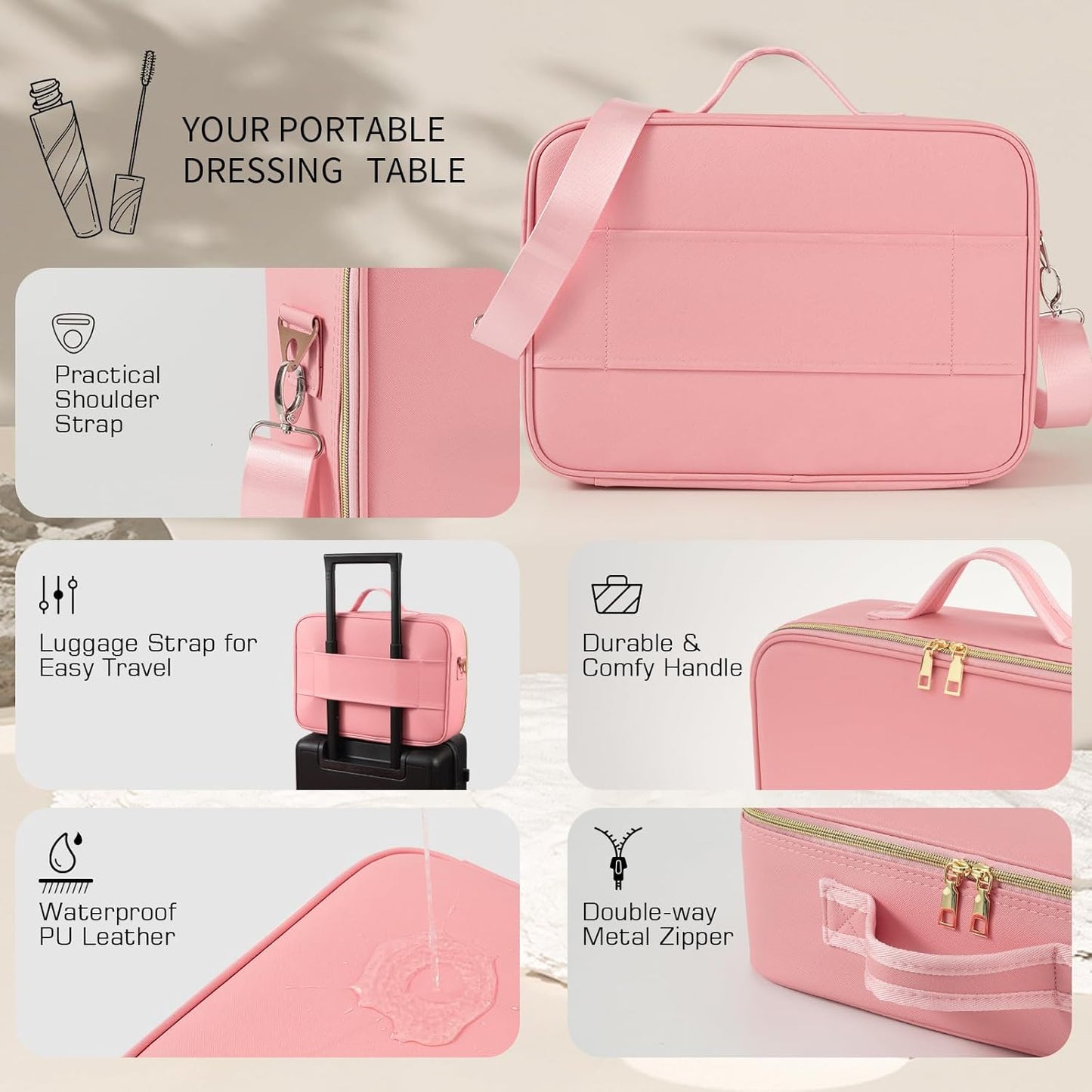 LED Mirror Makeup Travel Case – PU Leather Cosmetic Organizer