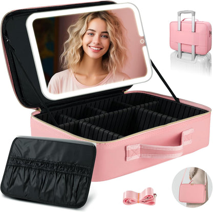 LED Mirror Makeup Travel Case – PU Leather Cosmetic Organizer