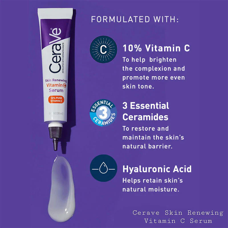 CeraVe Skin Renewing Vitamin C Serum 30ml – Brightening Antioxidant Face Serum for Even Skin Tone