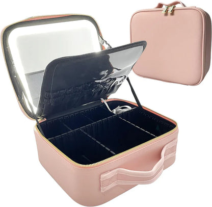 LED Mirror Makeup Travel Case – PU Leather Cosmetic Organizer